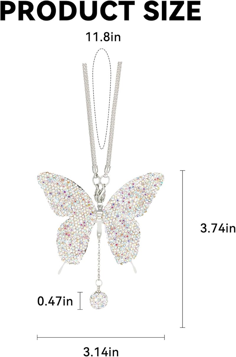 Couslcd Bling Butterfly Diamond Car Accessories, Crystal Car Rear View Mirror Charms for Women, Auto Decoration Lucky Hanging Interior Crystal Ornament Pendant Decor for All Cars (AB) - Image 2